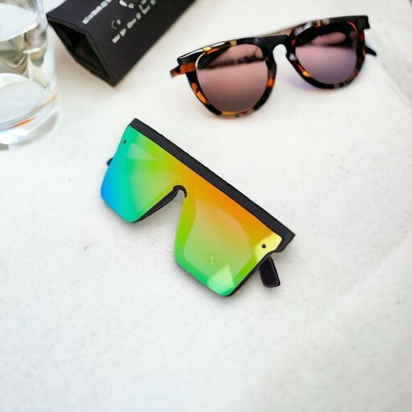 Square Rainbow Mirrored Lens Black Rimless Frame Sunglasses NEW main image 3